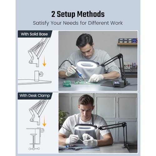 Magnifying Desk Lamp, 10X Square Magnifying Glass with Light and Stand, Dimmable LED Magnifier Lamp with Clamp and Base, Adjustable Swing Arm Light for Close Work, Reading, Crafting, Black