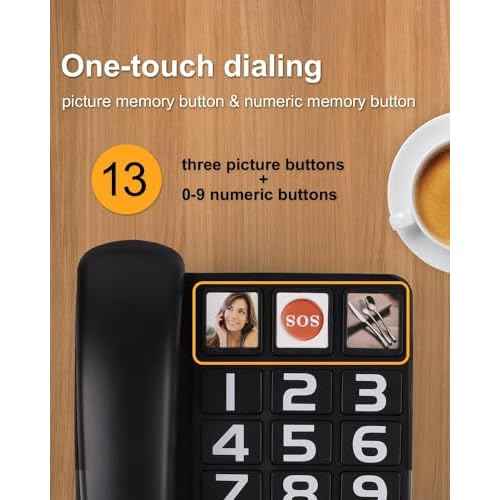 Big Button Phone for Seniors, Landline Telephone for Home with Picture, Durable Hand-Free Phone with LED Call Alert, Adjustable Volume and 3 One-Touch Dialing for Elderly, Black