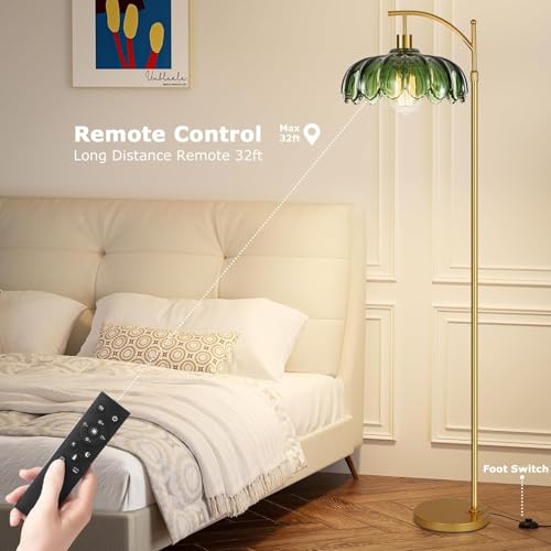 QIYIZM 02-Floor Lamp Dimmable Gold Mid Century Modern Tall Arc Light with Remote