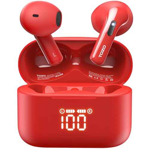 TOZO T21 Wireless Earbuds Bluetooth 5.3 in Ear Headphones Dual Mic Call Noise Cancelling IPX8 Waterproof 44H Playback Stereo Sound with LED Display Wireless Charging Case 32 EQs via APP Red