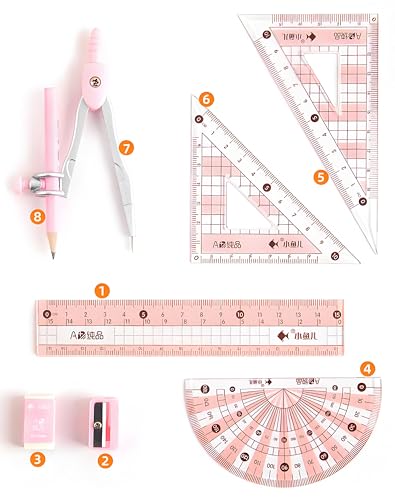 Pink 8-Piece Geometry Math Set with Shatterproof Storage Box for Students