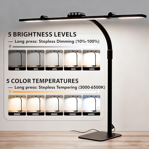 LED Desk Lamp for Home Office with Base, 28.2 Inches Adjustable Neck Swing Arm Super Bright Desk Light, Dimmable Architect Table lamp for Desktop Computer Light Bar, Reading, Study, Workbench