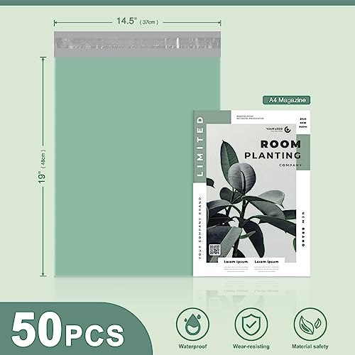Metronic Grayed Jade Green Poly Mailers 14.5x19 Shipping Bags 50PC - Large, Tear & Water-Resistant