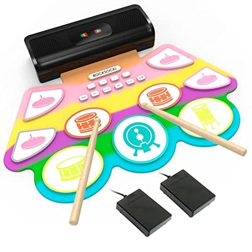 ROCKSOCKI Electric Drum Set, 7 Drum Practice Pad, Roll-up Drum Pad Machine with Headphone Built-in Speaker Drum Sticks Foot Pedals 10 Hours Playtime With Nylon Drumsticks