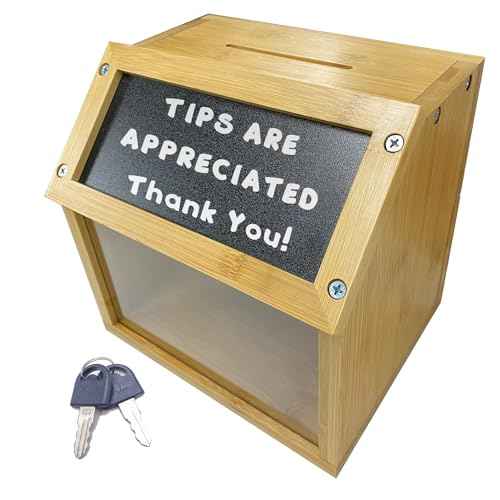 Bamboo Tip Jar and Suggestion Box with Chalkboard, Chalk, Locking Latch, and Clear Viewing Window