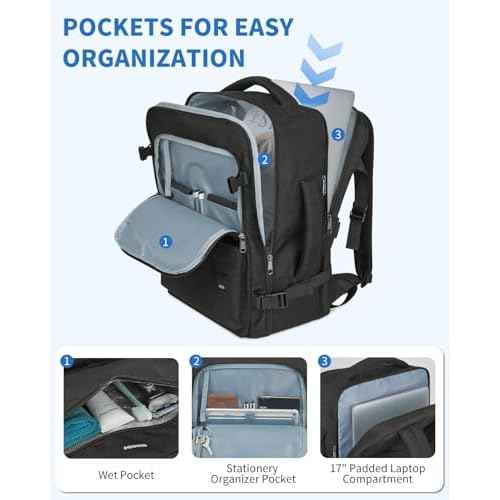 WANDF Travel Backpack For Spirit Airlines Personal Item Bag 18x14x8 with Wet Pocket, 17 Inch Laptop Backpack for Men Women£¨Black£©