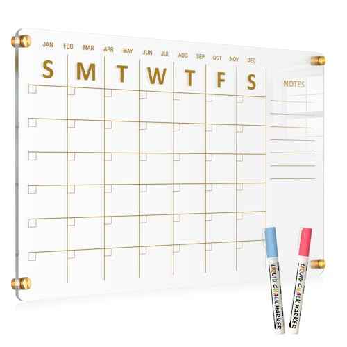 Acrylic Calendar for Wall, 24"x16" Gold Dry Erase Board Weekly Planner Wall Mounted Board, Frameless White Board for Home, Office, School