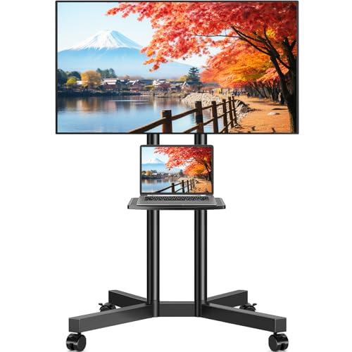 Rfiver Rolling TV Stand with Shelf - Height Adjustable Mobile TV Cart for 32-75 Inch TVs, Upgraded 360° Wheels, 88 lb Capacity, With Shelf
