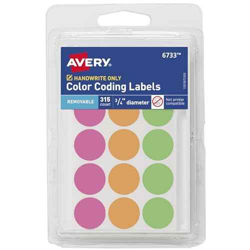Avery Color-Coding Removable Labels, 3/4 Inch Round Stickers, Assorted Neon Colors, Non-Printable, 315 Labels Per Pack, 36 Packs, 11,340 Dot Stickers Total (6733)