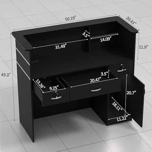 AHB Reception Desk with Counter, Modern Front Table Equipped Lockers & Storage Shelves, 50-inch Checkout Counter with LED Lights & DIY Stripe for Lobbies, Salons, Retail, Home Offices, Reception Room