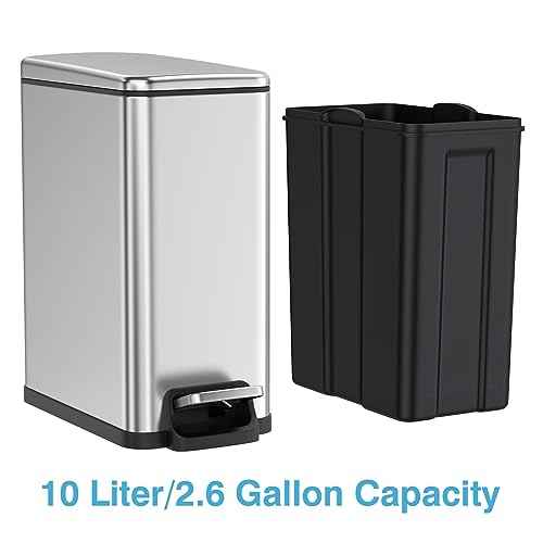 BETHEBEST Bathroom Trash Can with Lid Soft Close,2.6 Gallon Stainless Steel Garbage Can with Removable Wastebasket for Bathroom,Bedrom,Office(Silver)
