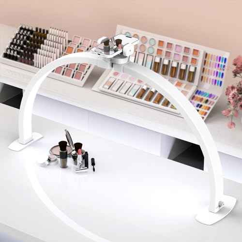 Premium Large Half Moon LED Light for Nail Tech, Foldable Arch Light for Nail Desk Lamp with Phone Stand Perfect for Manicure Handicraft Lighting (White, Large)