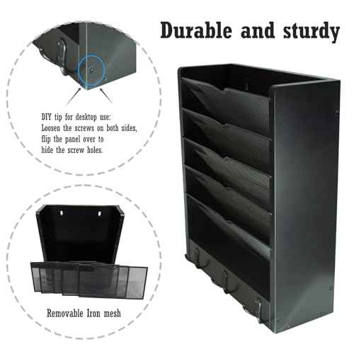 Multi-Purpose No-Assembly Hanging Wall File & Mail Organizer - 3 Pairs of Hooks, Fits Desk with Side Panel/Door-Mountable (Black)
