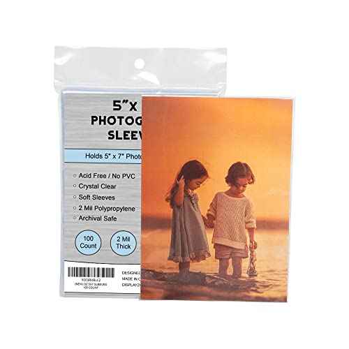 (100 Count) Display Zone 5x7 Photograph Sleeves - Crystal Clear Penny Sleeves for Pictures, Prints and Postcards - Soft Plastic Photo Protectors - Oversized Trading Card Holders