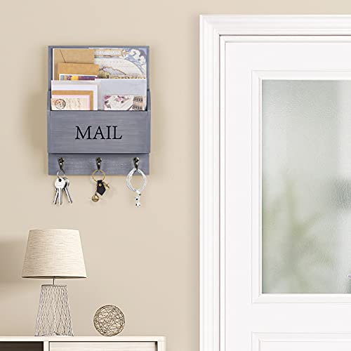DLQuarts Mail Organizer with Key Holder for Wall Decorative Mail Sorter Wall Mounted, Wooden Mail Holder with 3 Hooks, Gray