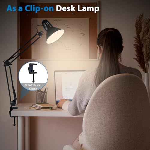 Swing Arm Desk Lamp for Home Office 360¡ÆAdjustable,Tall Metal Clamp on lamp with Bulb,Eye-Caring Clip on Desk Light for Computer Work Study Reading and Drafting