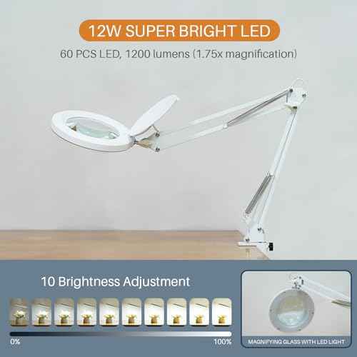 12W LED Magnifying Lamp with Clamp - 10 Brightness Levels, 6500K, 1200 Lumens | 5 Inch Lens (1.75x Magnification/3 Diopters) for Reading, Sewing, Nail Art & Crafting (White)