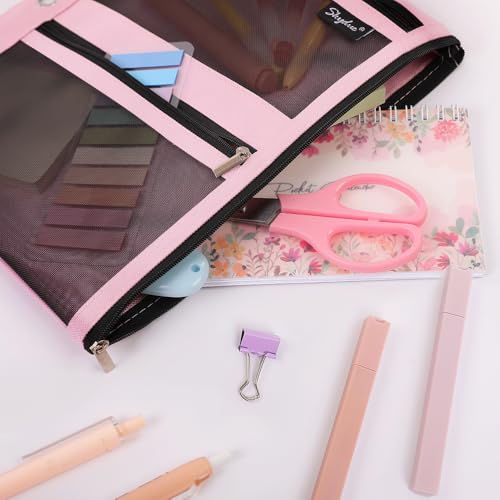 Pink SKYDUE Pencil Pouch for 3 Ring Binder 11x9 with Mesh Window & 3 Pockets