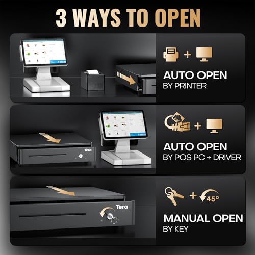 Tera 13" Auto Open Cash Register Drawer Heavy Duty Fully Removable Insert Tray 5 Keys 4 Bill 6 Coin Media Slot 24V RJ12 Key-Lock (Round Corner) for POS System Small Business 330R