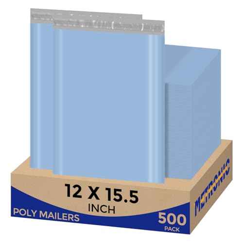 Metronic Poly Mailers 12x15.5 500pcs, Medium Size Shipping Bags for Clothes Bulk, Self-Seal Mailers Poly Bags Shipping Envelopes for Small Business, Waterproof Packaging Mailing Bags, Light Blue