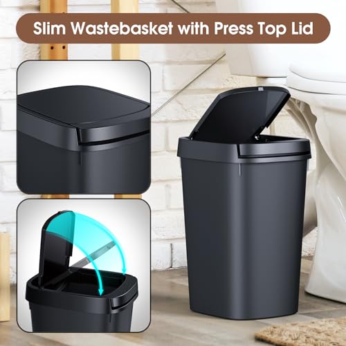 CEROELDA 3 Pack Slim Bathroom Trash Cans with Press Top Lid, 10L/2.6 Gal