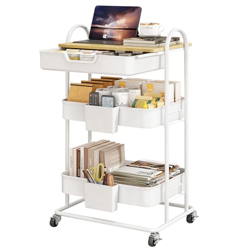 SNTD 3 Tier Utility Rolling Cart with Wheels - Smooth Sliding Drawers, Wooden Tabletop, Hanging Buckets for Kitchen, Art Room, Office, Bathroom (White)