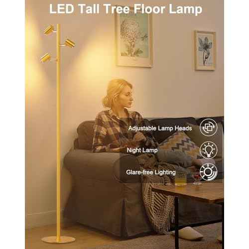 Lightdot 55IN LED Tree Floor Lamp for Living Room, Modern Standing Lamp with 3 Adjustable Rotating Lights, 3000K Warm White Standing Tall Pole Lamps for Living Room, Bedroom, Home, Office-Gold