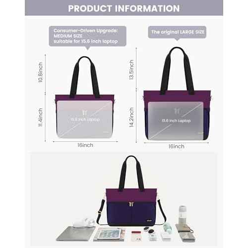 LOVEVOOK Upgrade Version Work Bags for Women 15.6 Inch Laptop Bag Large Capacity Mutiple Pockets Teacher Bag Water Resistant Canvas Tote Bag Purse for Office Travel Nurse Teacher, Dark Purple-Black