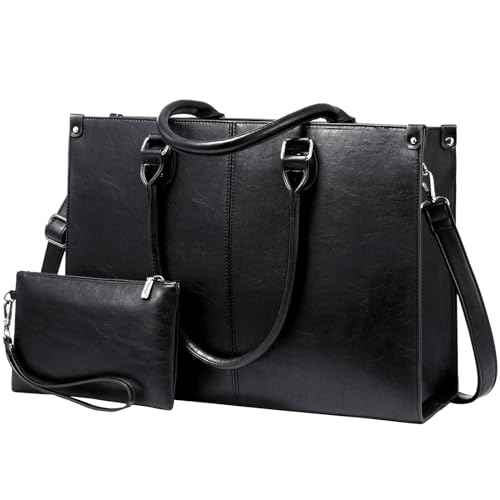 LOVEVOOK Laptop Tote Bag for Women, Large Capacity Vintage Leather Work Computer Bag, Business Casual Shoulder Handbag, 15.6inch Black
