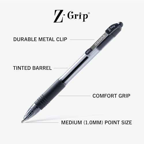 Zebra Pen Z-Grip Retractable Ballpoint Pen, Smooth-Flowing Black Ink, 1.0mm Medium, School Supplies, Teacher Supplies, and Office Supplies, 24-Pack (12221)