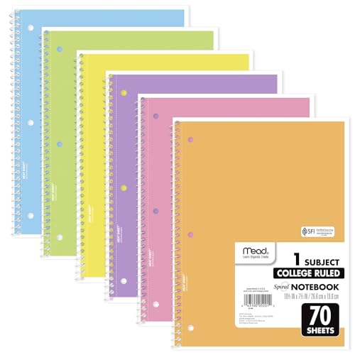 Mead Spiral Notebooks 6 Pack - 1 Subject College Ruled Pastel Colors 7.5x10.5"