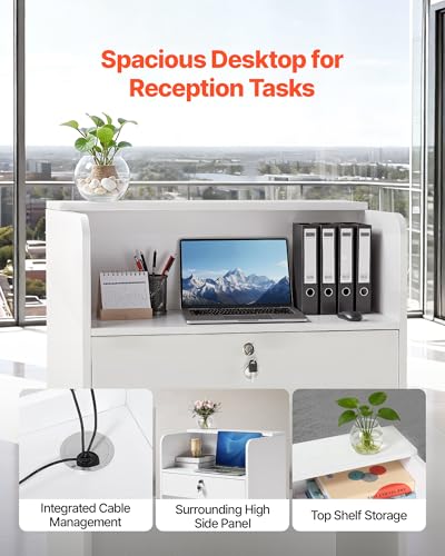 White Reception Desk with Lockable Drawer - Modern Office Counter Table 23.6"