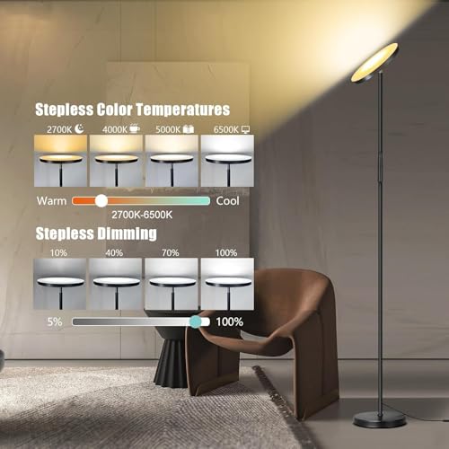 Mukuxin Black 40W LED Torchiere Floor Lamp with Remote, Dimmable & Color Temp 2700K-6500K