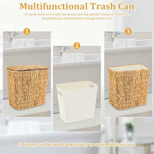 Wicker Trash Can with Lid and Liner, Handwoven Wicker Waste Basket, Water Hyacinth Bathroom Trash Can, Boho Rattan Garbage Wastebasket for Bedroom Home Living Room Office Kitchen, 2.5 Gallon