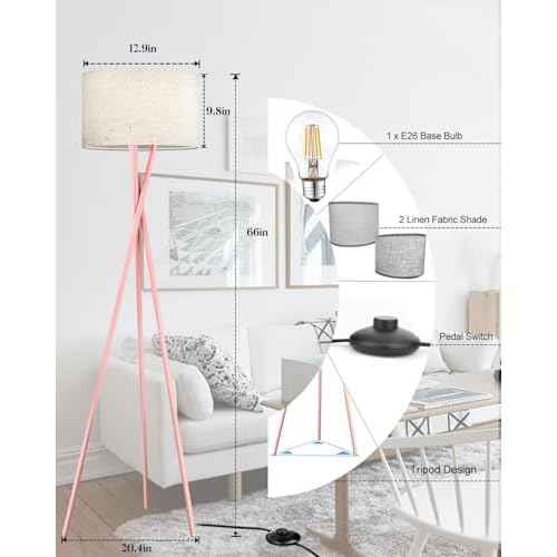 Lightdot Pink Tripod Floor Lamp, Modern Floor Lamps for Living Room, Standing Lamp with Linen Shade, E26 Bulb Included, 66" Tall Floor Lamp for Bedroom, Home Office