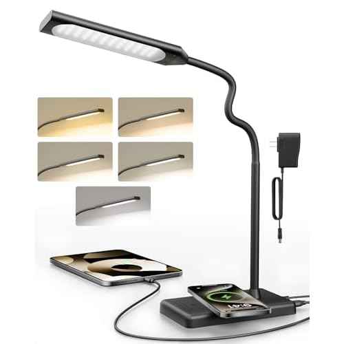 Adjustable LED Desk Lamp with Wireless Charging & Touch Control | 5 Colors & 6 Brightness Levels Eye-Caring Office Light with Memory & Timer