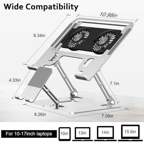 Laptop Stand with Fan, MacBook Cooling Stand with 2 Removable Silent Fans and Phone Holder,Adjustable Height and Angle,Laptop Cooling Pad for 10-18 Inch Laptop,MacBook Pro,Tablet (White)