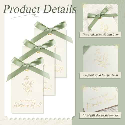 11 Pcs Bridesmaid Proposal Card with Ribbon Bow Floral Metallic Bridal Gift 8 Will You Be My Bridesmaid 2 Maid of Honor 1 Matron of Honor Invitation for Bridal Shower(White, Sage Green)