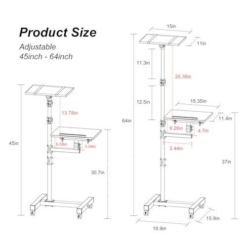 2 Shelves Projector Stand Tripod, Height Adjustable Max 64", Mobile Laptop Cart on Wheels Projector Tripod Stand, Overbed Table with Wheels, Rolling Laptop Floor Stand for Couch