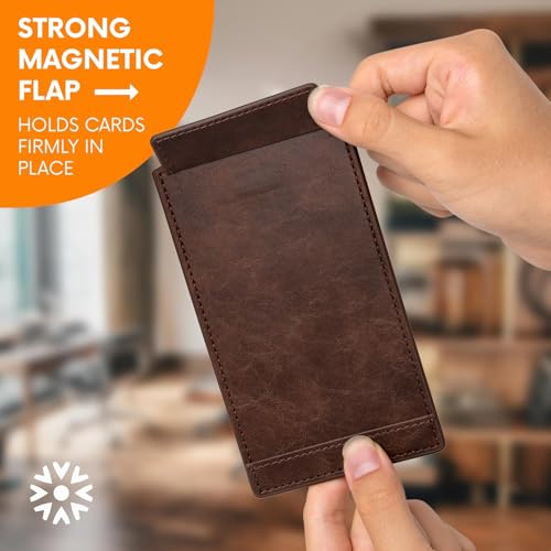Notsu Dark Brown Vegan Leather Note Card Holder - 3x5 Inch with Magnetic Clip & Extra Pocket