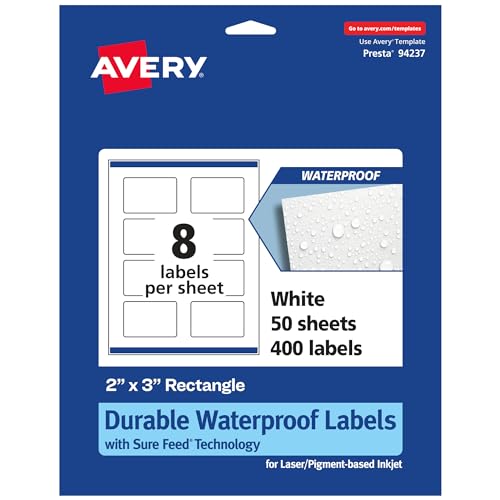 Avery Durable Waterproof Rectangle Labels, Sure Feed Technology, Print-to-The-Edge, 2" x 3", 400 Total, Oil and Tear-Resistant, Waterproof, Laser/Pigment-Based Inkjet Printable