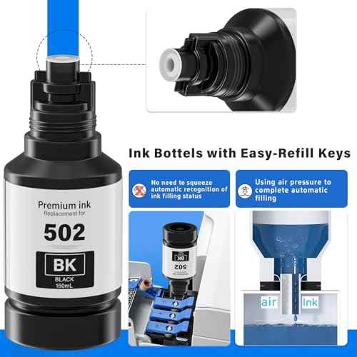 502 Ink Refill Bottles (NotSublimation) for Ecotank ET-4850 ET-3850 ET-2850 ET-3760 ET-2980 ET-2988 ET-4760 ET-2760 ET-15000 ET-2750 ET-3750 ET-3830 ET-4750 3950 4950 Printer, T502 Ink Combo 8 Packs