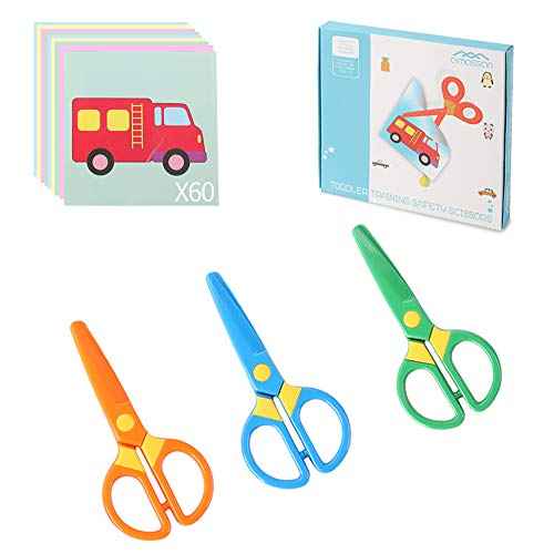 3-Pack Toddler Safety Scissors Kit - Child-Safe Preschool Training Scissors & 60 Sheets Craft Paper | Ergonomic Blunt Tips, Early Childhood Development Tools for Kids 2-5 Years
