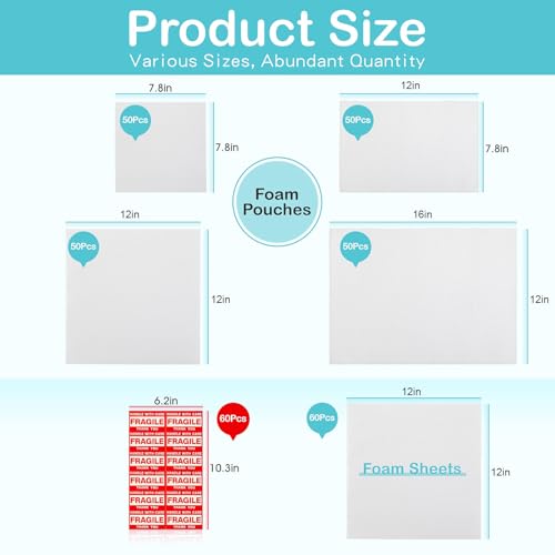 320 pcs Moving Packaging Supplies, 260 Cushioning Foam Pouches and Sheets, 4 Sizes (16x12", 12x12", 12x7.8", 7.8x7.8") with 60 Fragile Stickers, Cushion Foam Pouch for Moving, Packaging, Storage.