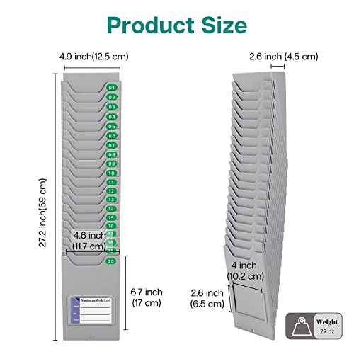 Flexzion Time Card Holder Wall Mount Expandable Time Clock Rack Single Row 20 Slot Rack Card Holder for 7 x 4.6-Inch Timesheets for Attendance Payroll Employee Assignment in Out Timecard Rack, Gray