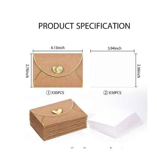 30 Pcs Mini Envelopes With Gold Heart Shaped Clasp, Mini Envelopes With Blank Cards For Wedding Birthday Greeting Cards Graduation£¨4.13 x 2.76 inch£©