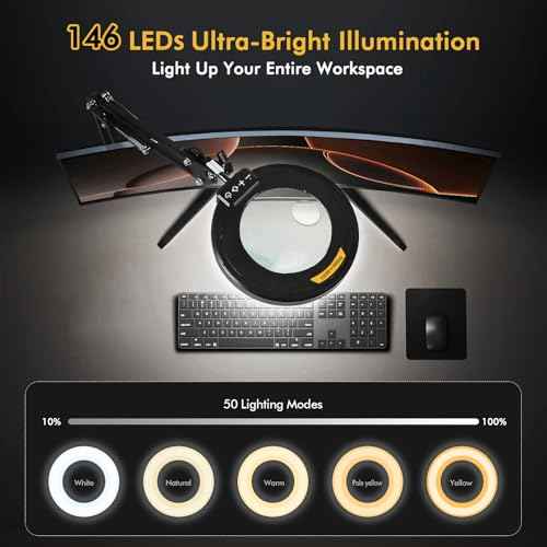 Magnifying Glass with Light and Stand 12X 20X Desktop Magnifier Desk Lamp Close Work Up for Table Crafting, Reading, Sewing, Soldering, Easy Use 5 Color Modes Head Controller, 2 in 1 Stable Base Clamp