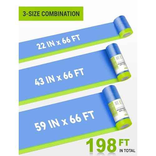 Pre-Taped Masking Film for Painting, 59/43/ 22 in * 66 FT, 3-Rolls Painters Plastic Sheeting with Widened Paint Tape and Drape for Covering Walls, Windows, Cars & Furniture Protection