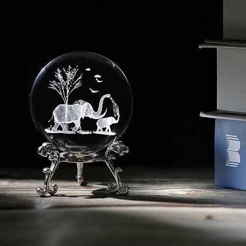 VSKIKRIS 60mm 3D Elephant Crystal Ball Paperweight with Stand - Elephant Gifts, Listing: Elephant_006
