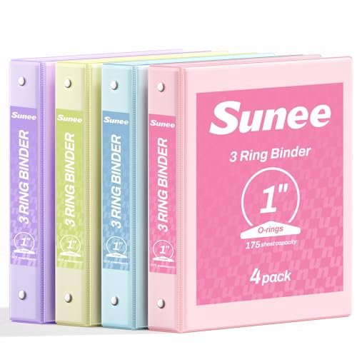 SUNEE 3-Ring Binders 1 Inch Pastel Color 4-Pack - Clear View, PVC-Free, Office & School Supplies